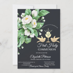 Invitation Calice Première Sainte Communion Fleurs Blanches  