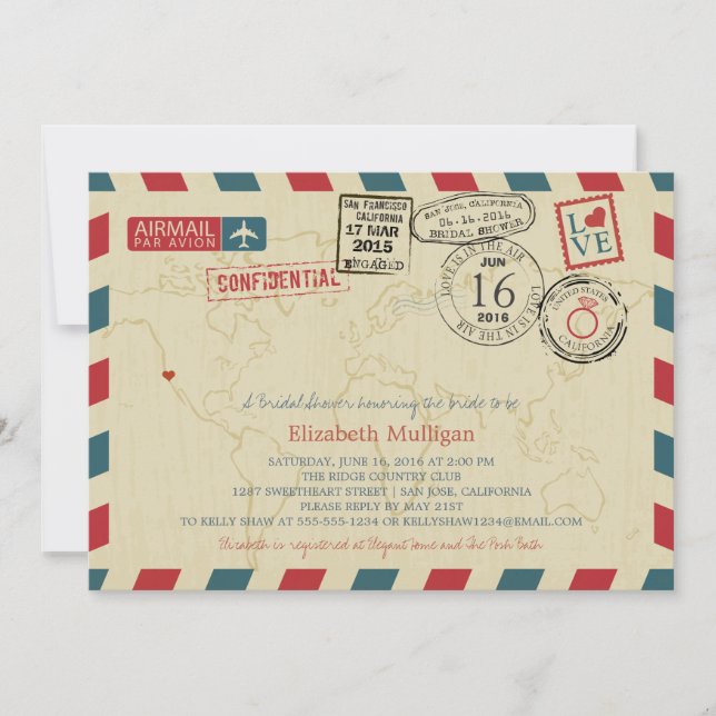 Invitation California World Traveler Airmail Fête des mariées (Devant)