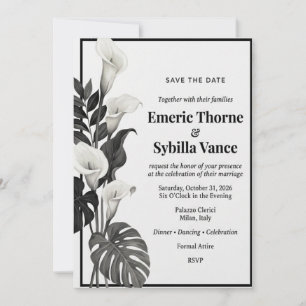 Invitation Calla Lilies Noirs et Blancs, Feuilles de Monstera
