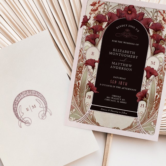 Invitation Calla Lily de Bourgogne Mariage Art Nouveau Mucha (Créateur téléchargé)