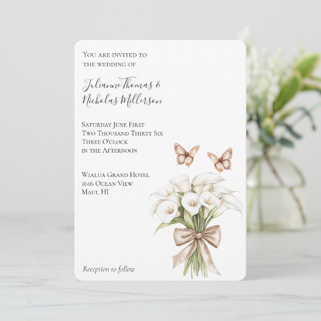Invitation Calla Lily Floral Papillons Mariage (Debout devant)