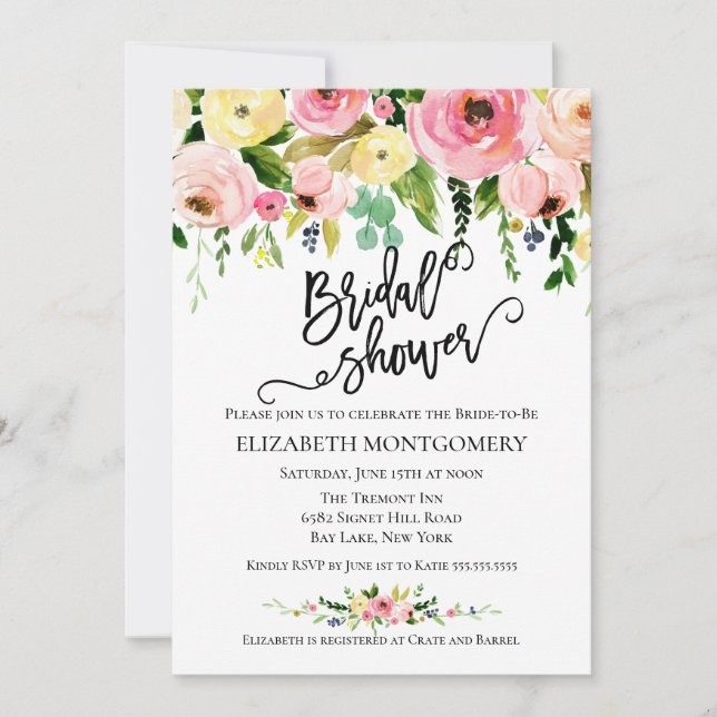 Invitation Calligraphie Aquarelle Fête des mariées florale (Devant)