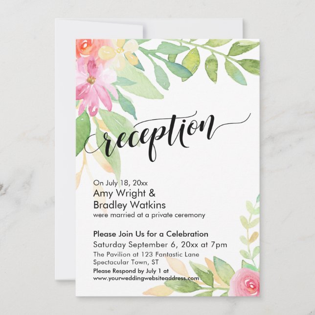 Invitation Calligraphie Aquarelle Fleurs Réception de Mariage (Devant)