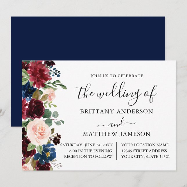 Invitation Calligraphie Aquarelle Floral Mariage Bleu (Devant / Derrière)