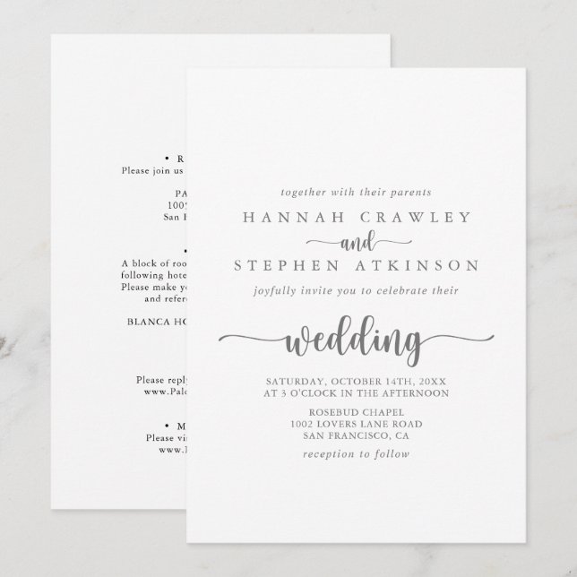 Invitation Calligraphie Argent Mariage avant et arrière (Devant / Derrière)