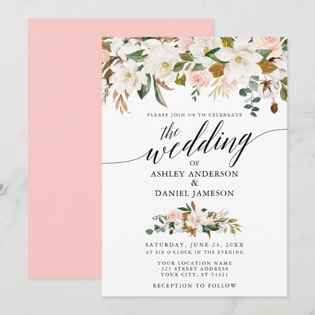 Invitation Calligraphie blanc Magnolias rose Roses Mariage (Devant / Derrière)