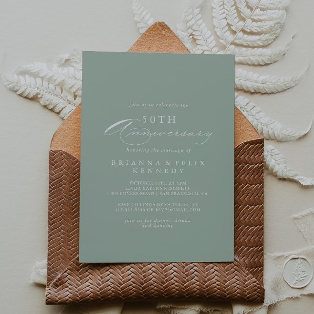 Invitation Calligraphie blanche verte 50e anniversaire de Mar (Créateur téléchargé)