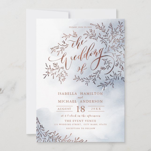 Invitation Calligraphie bleu outremer mariage floral rustique (Devant)