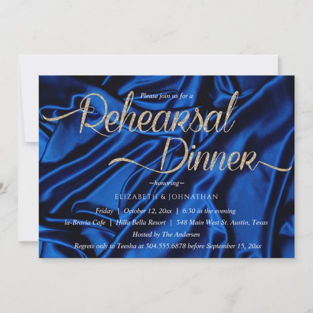 Invitation Calligraphie Bleue Chic Dîner De Répétition Minima (Devant)
