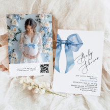 Calligraphie Blue Bow Photo Code QR Baby shower