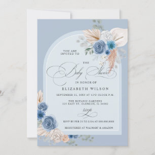 Invitation Calligraphie Boho Dusty Blue Pampas Baby shower