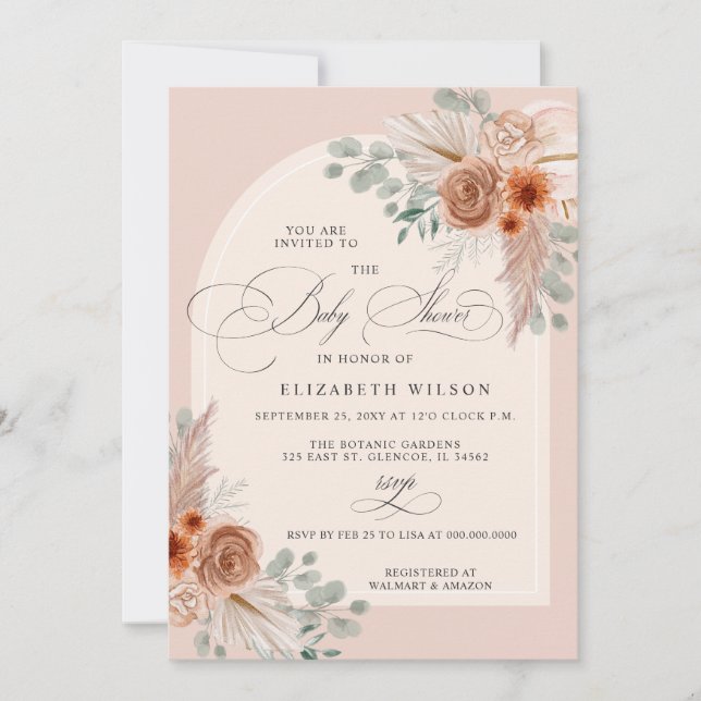 Invitation Calligraphie Boho Terracotta Baby shower Pampas (Devant)