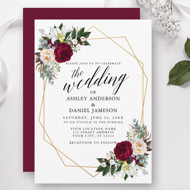 Invitation Calligraphie Bourgogne Floral Greenery Mariage or (Customize to change text color, style, add text & photos to back or change color of back of card.)