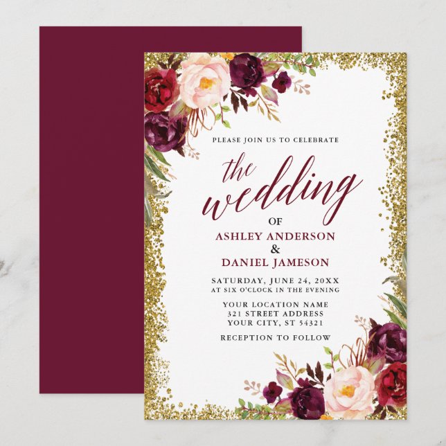 Invitation Calligraphie Bourgogne Floral Mariage Parties scin (Devant / Derrière)