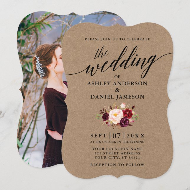 Invitation Calligraphie Bourgogne Floral Photo Kraft Mariage (Devant / Derrière)