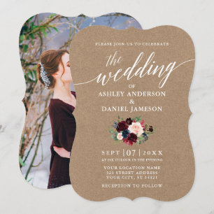 Invitation Calligraphie Burgundy Bleu Floral Kraft Photo