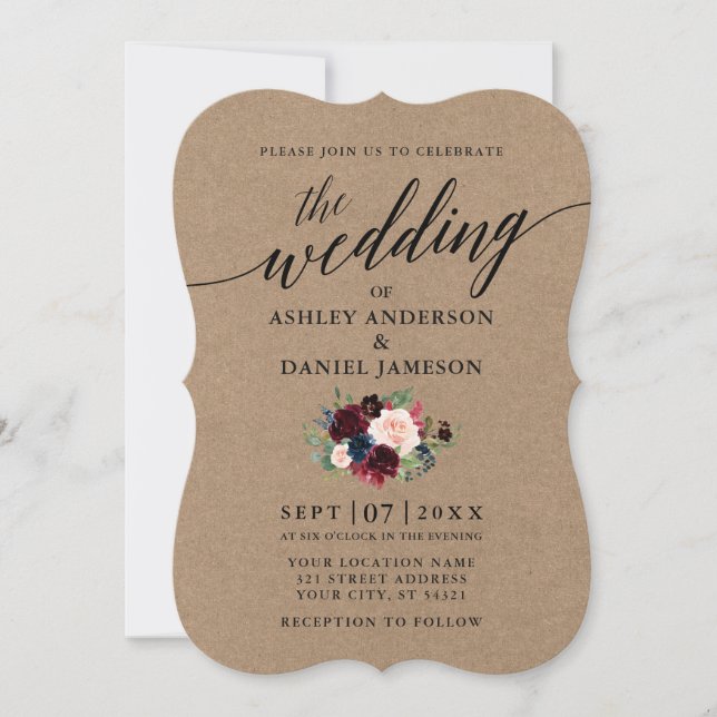 Invitation Calligraphie Burgundy Bleu Floral Mariage Kraft (Devant)