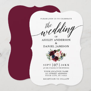 Invitation Calligraphie Burgundy Blue Floral Mariage
