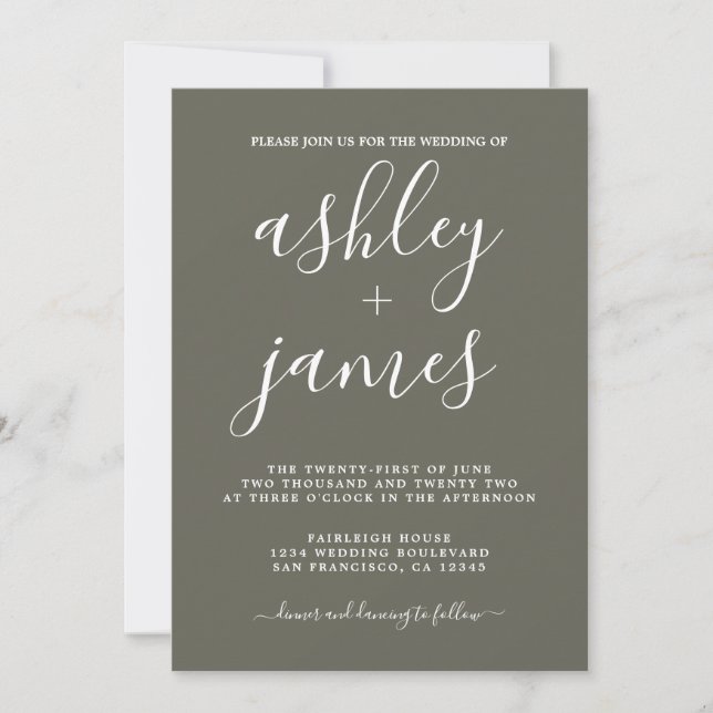 Invitation Calligraphie Chic simple Dusty Mariage d'olive (Devant)