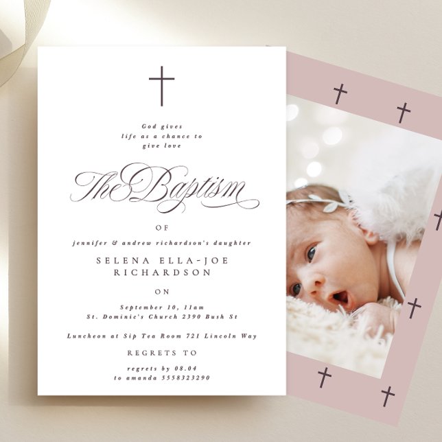 Invitation Calligraphie Croix violette Taupe Photo Baptême (Créateur téléchargé)