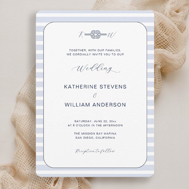 Invitation Calligraphie de noeud d'infini nautique Mariage cô (beach wedding invitation nautical coastal blue stripes elegant modern infinity knot monograms modern)