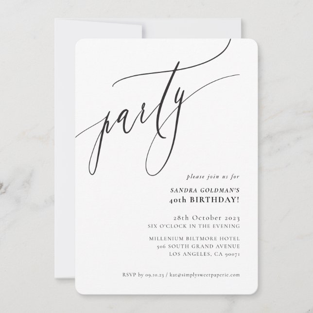 Invitation calligraphie de PARTIE élégante minimal noir blanc (Devant)