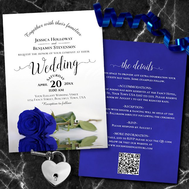 Invitation Calligraphie de Posh Royal Blue Rose QR Code Maria (Front/Back)