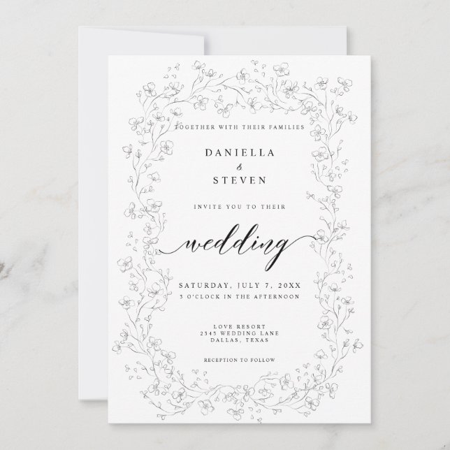Invitation Calligraphie de script classique Mariage noir blan (Devant)