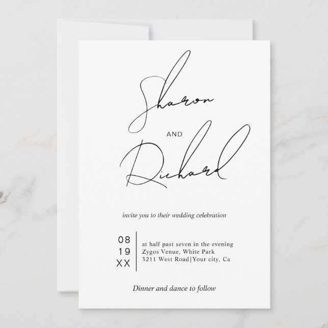 Invitation Calligraphie de script moderne noir, mariage blanc (Devant)