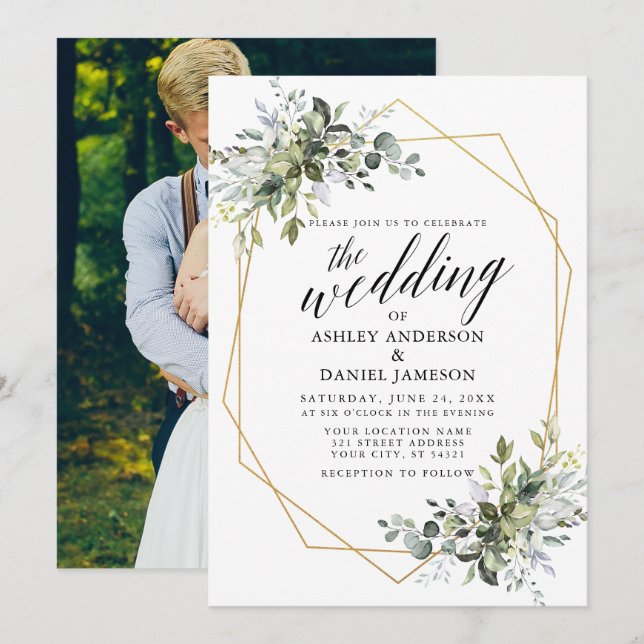 Invitation Calligraphie de verdure Photo Mariage géométrique (Devant / Derrière)