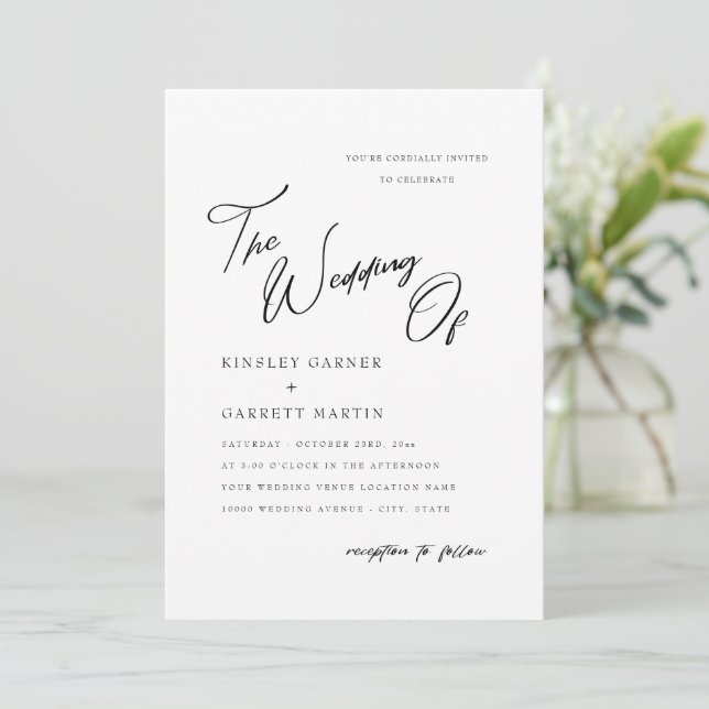 Invitation Calligraphie délicate Mariage noir et blanc Invita (Debout devant)