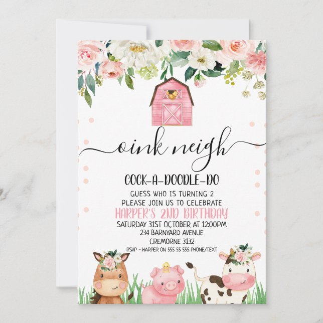 Invitation Calligraphie des animaux de ferme rose (Devant)
