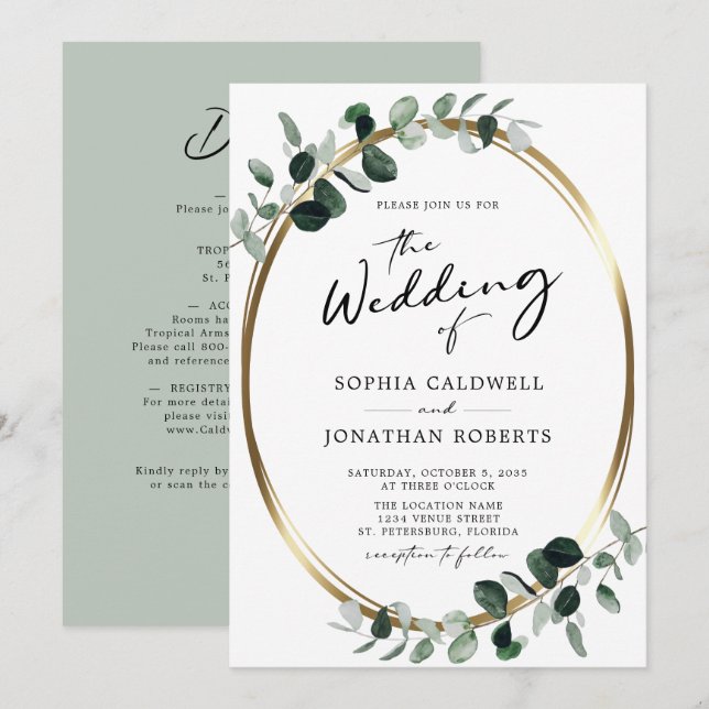 Invitation Calligraphie d'Eucalyptus tout en un Mariage de co (Devant / Derrière)