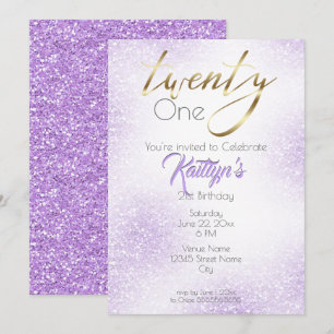 Invitation Calligraphie d'or et Parties scintillant Chic Lila