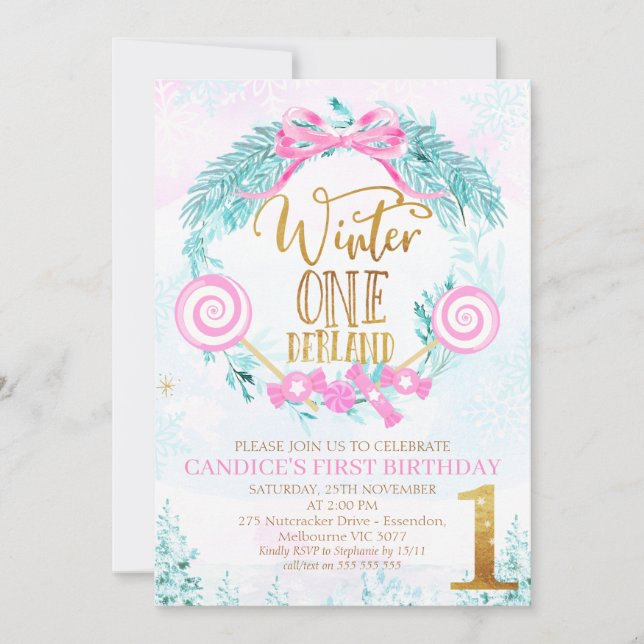 Invitation Calligraphie d'or Hiver Un derland Anniversaire In (Devant)