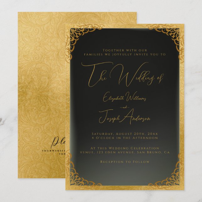 Invitation Calligraphie d'or romantique et Mariage de fioul d (Devant / Derrière)