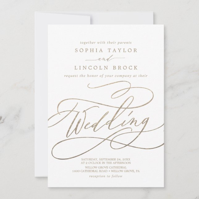 Invitation Calligraphie d'or romantique | Mariage florissant (Devant)