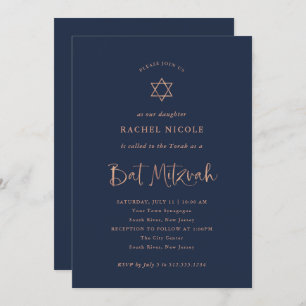 Invitation Calligraphie d'or Rose Faux sur Navy   Bat mitzvah