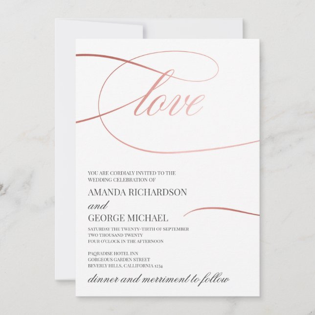 Invitation Calligraphie d'or rose moderne et chic (Devant)