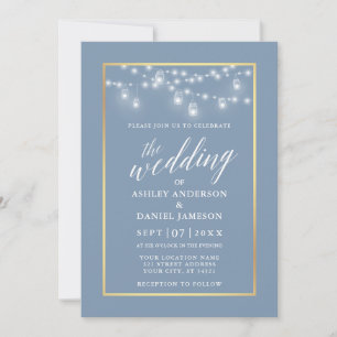 Invitation Calligraphie Dusty Blue Jar Lights Mariage or