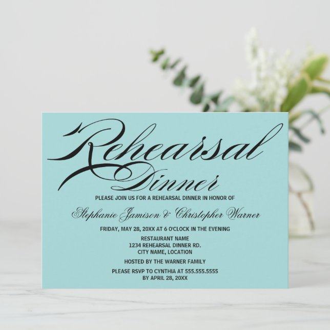 Invitation Calligraphie Elegance Aqua Rehearer Dîner (Debout devant)
