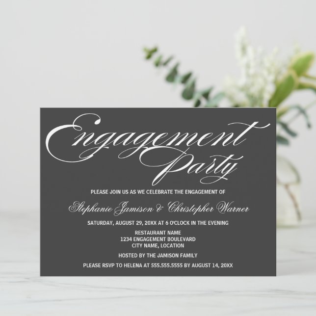 Invitation Calligraphie Elegance Grey Engagement Party (Debout devant)