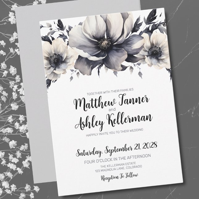 Invitation Calligraphie Élégant noir blanc Mariage floral (Trendy Elegant Black White Floral Wedding Invitation)