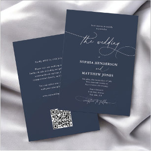 Invitation Calligraphie Elegant QR Code Marine Mariage bleu