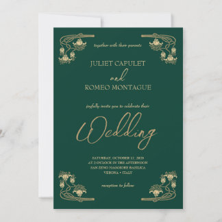 Invitation Calligraphie élégante & Art déco or & mariage vert