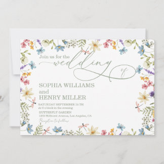 Invitation Calligraphie élégante fleurs sauvages colorées mar