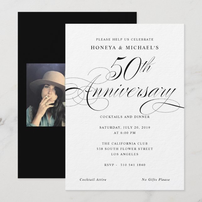 Invitation Calligraphie élégante Noir & Blanc 50e Anniversair (Devant / Derrière)