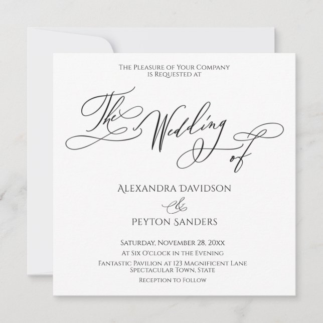 Invitation Calligraphie Élégante Noir & Blanc "Le Mariage de" (Devant)