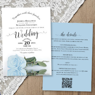 Invitation Calligraphie Élégante Rose Bleu Clair Code QR Mari