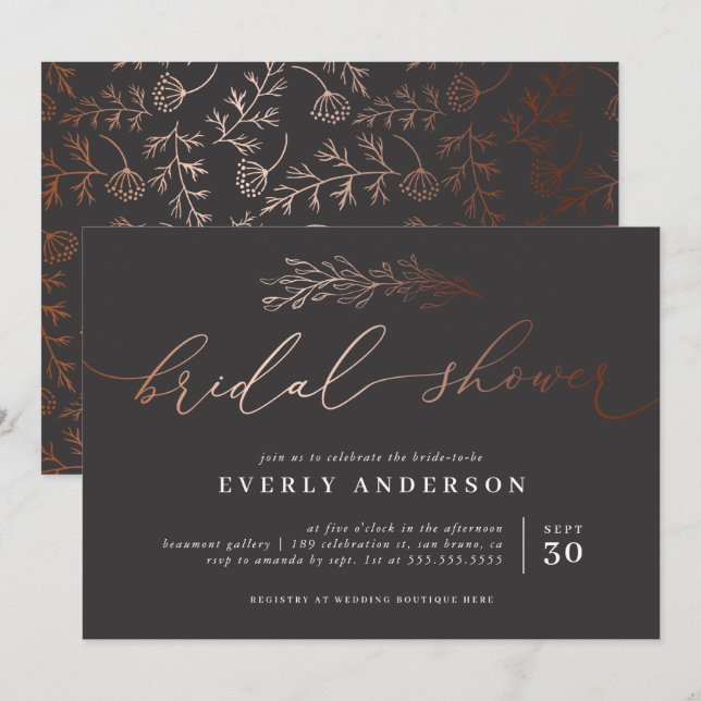 Invitation Calligraphie en cuivre chic | Fête des mariées élé (Devant / Derrière)